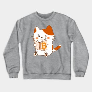 Cute kawaii cat discovers the beauty of Bitcoin, reading a book with a tear of joy Crewneck Sweatshirt